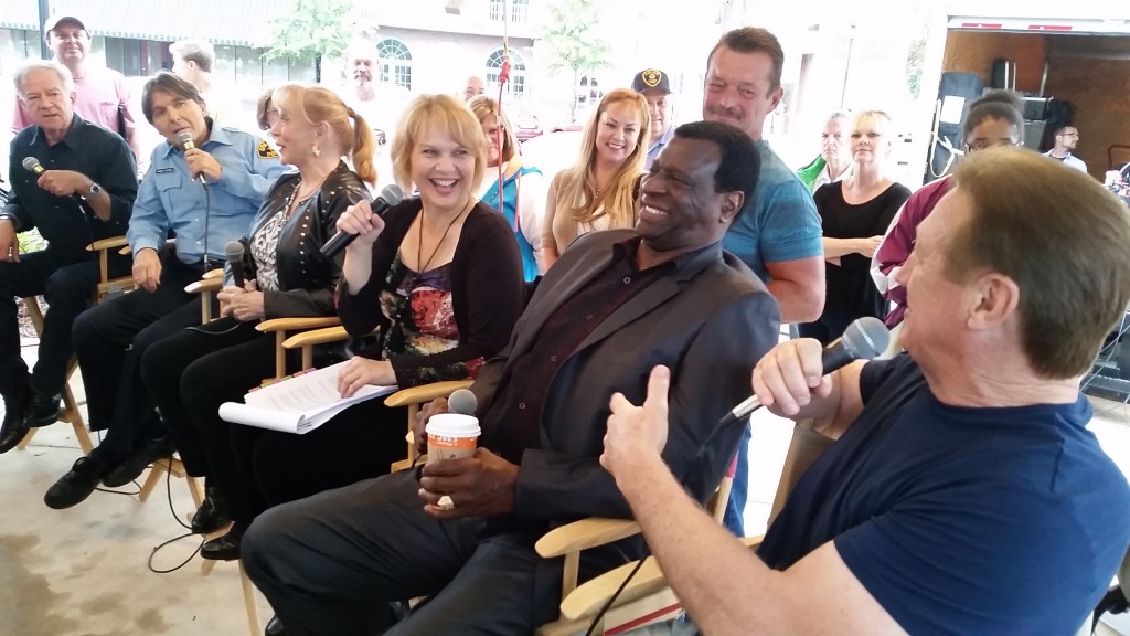 Actors share laughs and memories with fans on the square in Covington, Ga. From left, Wilbur Fitzgerald (D.A. Gerard Darnelle) Randall Franks (Officer Randy Goode), Dee Shaw (Officer Dee Shepard) Maureen Dowdell (Tracey Boggs), Sharon Pratt (Officer Sharon), John Webb (Officer John), Afemo Omilami (Jimmy Dawes), and Alan Autry (Bubba Skinner). (Photo: Covington CVB)