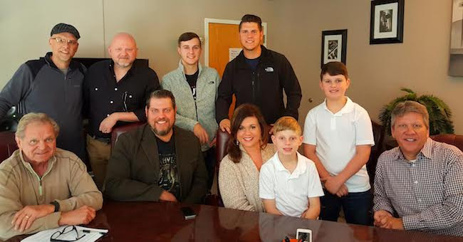 Jordan Family Band and Skyland Records - L to R Jeff Collins (Crossroads), Jeremy Medkiff (producer ), Hutch Jordan, Keenan Jordan Chris White (Crossroads), Joshua Jordan, Randa Jordan, Grant Jordan, Alex Jordan, Greg Bentley (Crossroads)